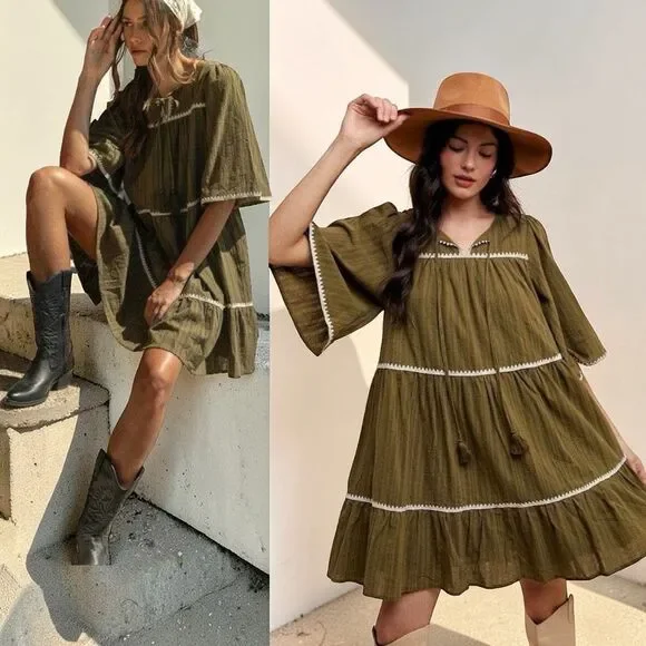 Annie Wear Olive Tiered Mini Babydoll Dress Pockets Short Sleeve NWT - Picture 3 of 15